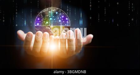 Digital twins concept. A man's hands holding a globe devided in halfs of physical and digital worlds for business and technology simulation modeling Stock Photo