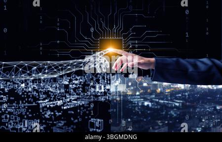 Digital twins concept. A man's finger touches a digital finger, bridging the physical and digital worlds for business and technology simulation modeli Stock Photo