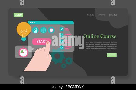 Online learning interface for digital courses. A user interacts with a screen showing key elements like a start button, progress indicators, and educational icons. Engaging and user-friendly design promotes e-learning accessibility. Stock Vector