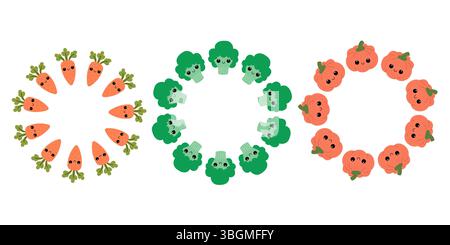 Set of round frames with vegetables. Cute vegetables wreaths. Stock Vector
