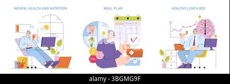 Vector illustration of three scenes: a person enjoying fast food while working on mental health, a person actively preparing a meal plan, and another eating a healthy lunch for brain activity. Stock Vector