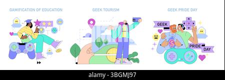 Vector illustration of gamification in education, depicting a playful classroom scene with diverse students using a game controller, enhancing engagement and learning. Stock Vector