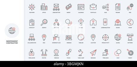 Freelance, remote work from home in international company, outsourcing line icon set. Online meeting and telecommuting, employees productivity thin black and red outline symbols vector illustration Stock Vector