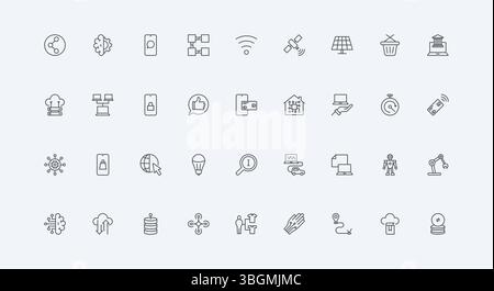 Robot and drone, cloud computing and automation, geolocation thin black outline symbols vector illustration. Innovation technology, AI and IoT, digital network, machine learning line icon set Stock Vector