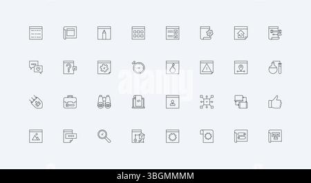 Browser window with gear alert signs, programs to develop and rebuild webpage thin black outline symbols vector illustration. Web development, software coding, algorithms line icon set Stock Vector