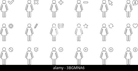 Female User Interface Icons Set. User Interaction, Settings, Communication, And Profile Management Outline Symbol Collection. Editable Stroke Stock Vector