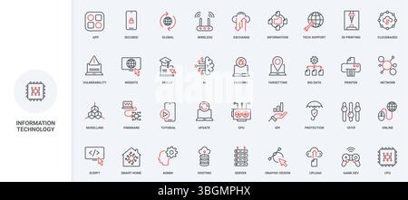 Information technology, big data and global network exchange, tech support line icon set. Graphic design, control of UI settings, server hosting thin black and red outline symbols vector illustration Stock Vector