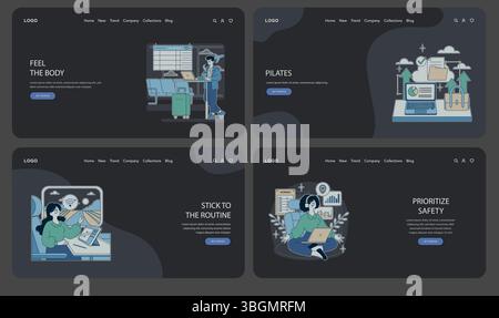 Set of vector illustrations depicting lifestyle concepts, including travel, pilates, working remotely, and maintaining routine. Focus on productivity and safety. Stock Vector