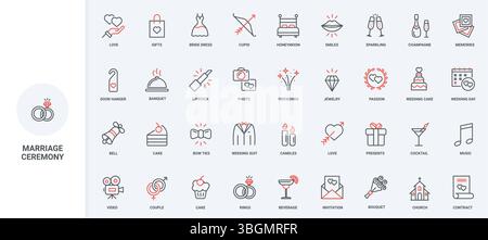 Wedding ceremony in church and banquet celebration, marriage contract line icon set. Brides dress and grooms suit, rings and cake, gifts thin black and red outline symbols vector illustration Stock Vector