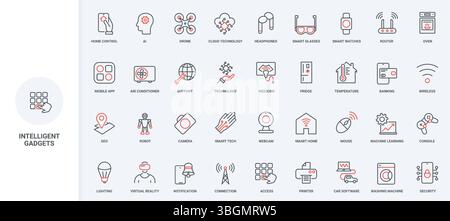 Smart gadgets for home, equipment with wireless control via mobile app line icon set. Notification, cloud management technology, AI support thin black and red outline symbols vector illustration Stock Vector