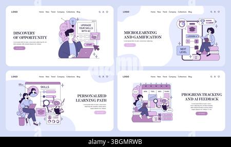 Vector illustration depicting people engaging in online learning platforms using AI tools for skill enhancement, personalized learning paths, and progress tracking across various lessons. Stock Vector