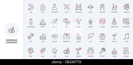 Wedding ceremony in church and banquet celebration, marriage contract line icon set. Brides dress and grooms suit, rings and cake, gifts thin black and red outline symbols vector illustration Stock Vector
