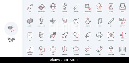 Online application tools for work and entertainment line icon set. Mobile app search and customer service support, calendar, software notification thin black and red outline symbol vector illustration Stock Vector