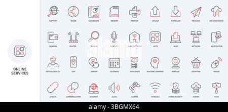 Online cloud services, communication and network connection line icon set. Mobile apps to share, exchange and update data, software and server thin black and red outline symbols vector illustration Stock Vector