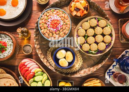 Arabic cuisine; Middle Eastern traditional breakfast. Top view with close up. Stock Photo