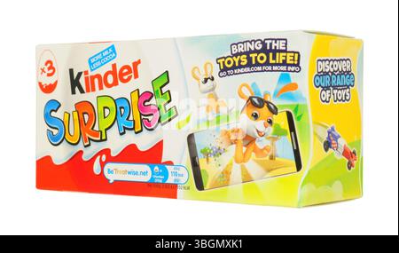 Kinder surprise chocolate eggs with toy inside in a triple pack with three 60g eggs Stock Photo