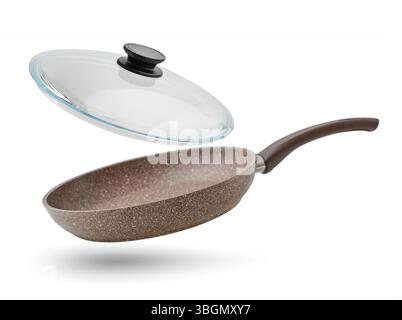 Non stick Granite frying pan with glass lid isolated on white background Stock Photo