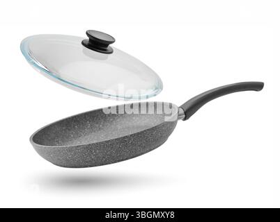 Non stick Granite frying pan with glass lid isolated on white background Stock Photo