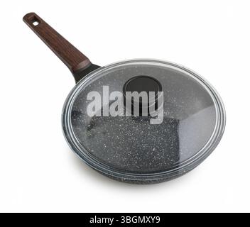 Non stick Granite frying pan with glass lid isolated on white background Stock Photo