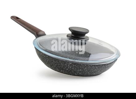 Non stick Granite frying pan with glass lid isolated on white background Stock Photo