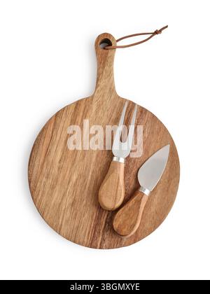 Cheese knife set and circle wooden board with handle  isolated on white background, top view Stock Photo