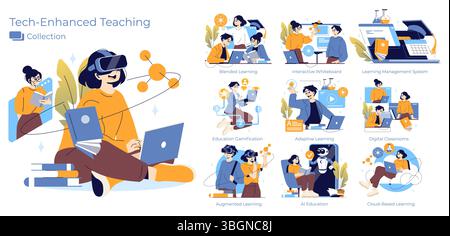 Vector illustration depicting various tech-enhanced teaching methods. Includes virtual reality, gamification, and AI education, showcasing diverse digital learning environments and tools. Stock Vector