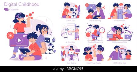 Vector illustration featuring children engaged with digital technology, including VR, tablets, coding, and AI, highlighting a modern educational experience and innovation in learning. Stock Vector