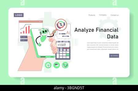 Robot adviser assisting users in analyzing financial data through a smartphone interface. Visual representation of technology integration in finance, showcasing analytics and AI efficiency. Vector illustration. Stock Vector