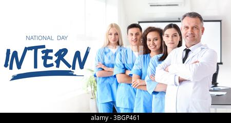 Banner for Happy National Intern Day with group of happy medical students and teacher in university Stock Photo