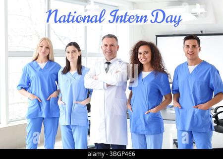 Banner for Happy National Intern Day with group of happy medical students and teacher in university Stock Photo