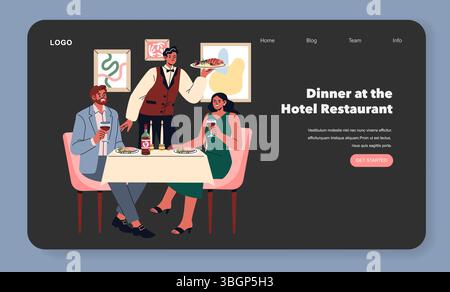 Hotel restaurant dining experience. Guests enjoy a lavish meal served by a waiter in a stylish setting. Showcases culinary delights, social interaction, and elegance. Vector illustration. Stock Vector