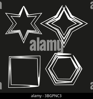 Outlined shape design. Star square hexagon. White lines on black. Vector symmetry. Stock Vector