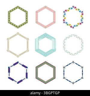 Colorful hexagon frame. Decorative vector shape. Patterned border symbol. Pastel ornament ring. Stock Vector