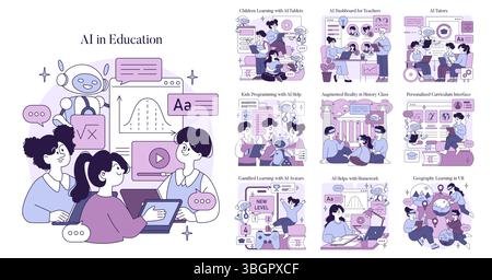 Vector illustration showcasing AI integration in education with diverse learning environments. Features virtual reality, personalized learning, interactive tools, and AI-assisted teaching methods. Stock Vector