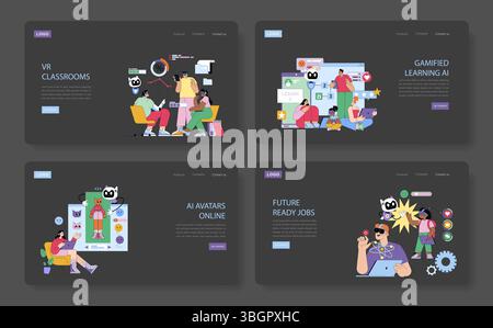 Vector illustration of people in a virtual reality classroom, interacting with AI technology for immersive and gamified learning, showcasing modern education trends and future ready job preparation. Stock Vector