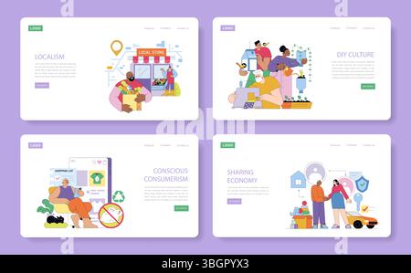 Vector illustration depicting localism, DIY culture, conscious consumerism, and sharing economy, showing diverse groups engaged in sustainable activities and community interactions. Stock Vector