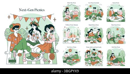 Vector illustration showcasing modern picnics with groups enjoying various themes. Includes boho chic, eco-friendly, digital detox, and plant-based gatherings, highlighting joyful moments. Stock Vector