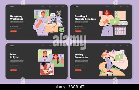 Tomorrow Work set. Modern workspace planning, flexible schedules, connected remote teams, and balancing personal boundaries adapt to evolving work environments for improved productivity. Vector illustration. Stock Vector