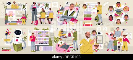 Vector illustration depicting various classroom activities involving technology, science, and creativity. Students and teachers engaged in interactive learning and diverse education settings. Stock Vector