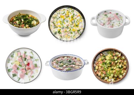 Cold soups in bowls isolated on white, set Stock Photo