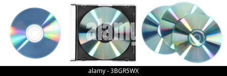 Shiny compact discs isolated on white, collage. Top view Stock Photo