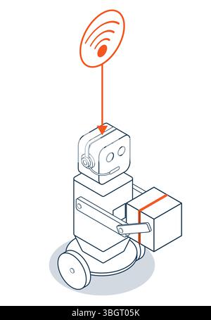 An autonomous wheeled robot delivers cardboard packages straight to customers doorsteps, showcasing modern automated courier technology for a smarter Stock Vector