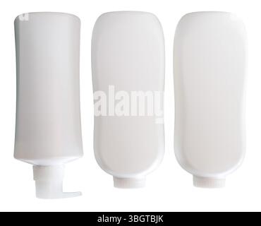 Set of three white shampoo or hair conditioner and powder bottle or container in vertical is isolated on white background with clipping path. Stock Photo