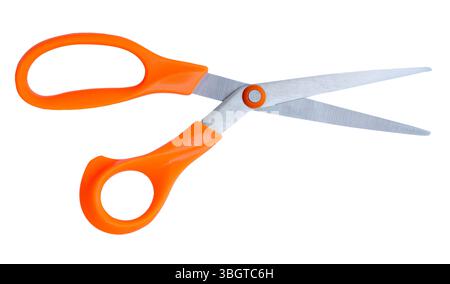 Medium open multipurpose scissors with orange handle in vertical is isolated on white background with clipping path. Stock Photo