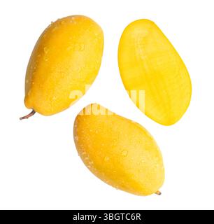 Top view set of two ripe yellow mangoes with half and water droplets is isolated on white background with clipping path. Stock Photo