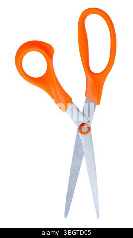 Medium open multipurpose scissors with orange handle in vertical is isolated on white background with clipping path. Stock Photo