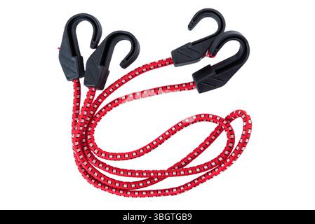 Red bungee cord with four black plastic hooks on a white background. Durable elastic strap for securing items in transport, storage, or outdoor use. Stock Photo
