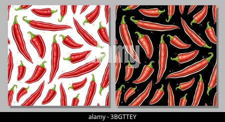 Vector Chili Pepper seamless patterns, two backgrounds with cartoon design flying spicy chili for wrapping paper, square placard with set of flat lay Stock Vector
