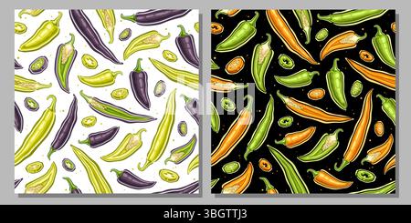Vector Chili Pepper seamless patterns, two backgrounds with illustration of flying whole and hot chili pieces for bed linen, square poster with flat l Stock Vector