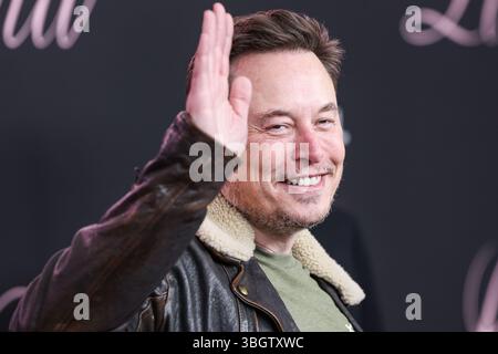 (FILE) Trump and Musk escalate public feud over agenda bill. WESTWOOD, LOS ANGELES, CALIFORNIA, USA - FEBRUARY 03: Chief Executive Officer (CEO) and product architect of Tesla, Inc., Founder, CEO and chief engineer of SpaceX, Owner, Chief Technology Officer (CTO) and executive chairman of X Corp. (formerly Twitter) Elon Reeve Musk arrives at the Los Angeles Premiere Of Vertical Entertainment's 'Lola' held at the Regency Bruin Theatre on February 3, 2024 in Westwood, Los Angeles, California, United States. (Photo by Xavier Collin/Image Press Agency) Stock Photo